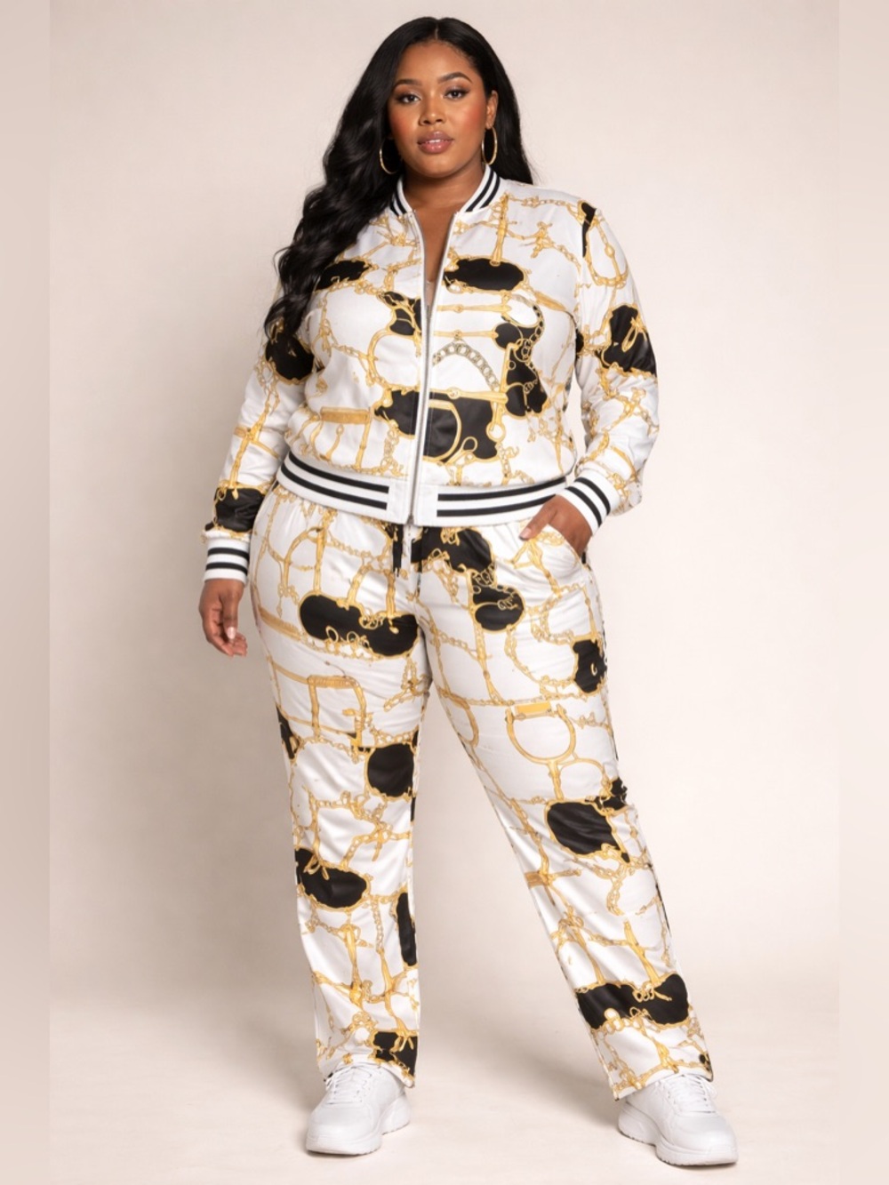 Plus Size White & Black Chain-Print Track Set